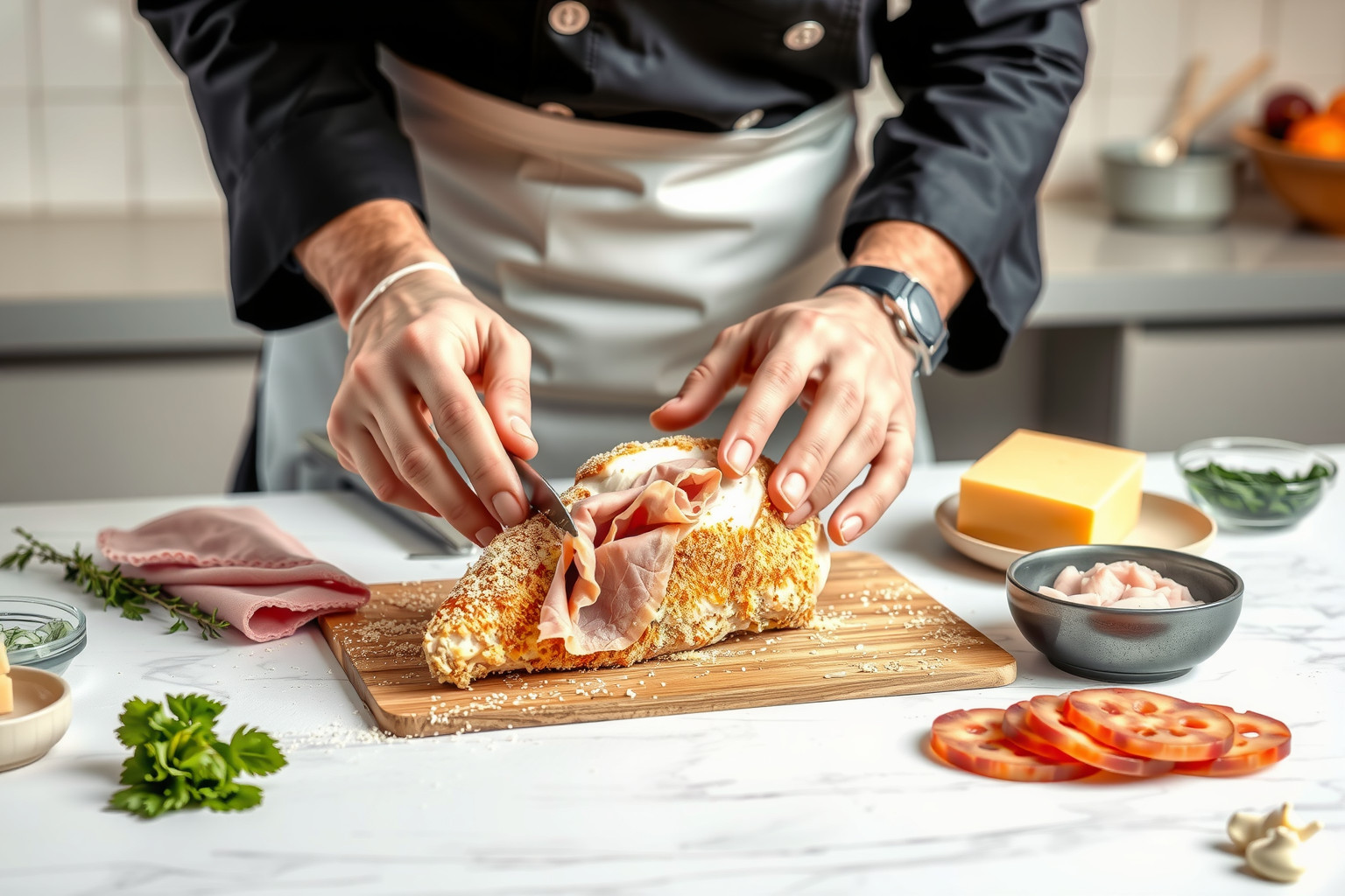 A Cordon Bleu töltésekor a sajt és sonka harmonikusan olvad össze.