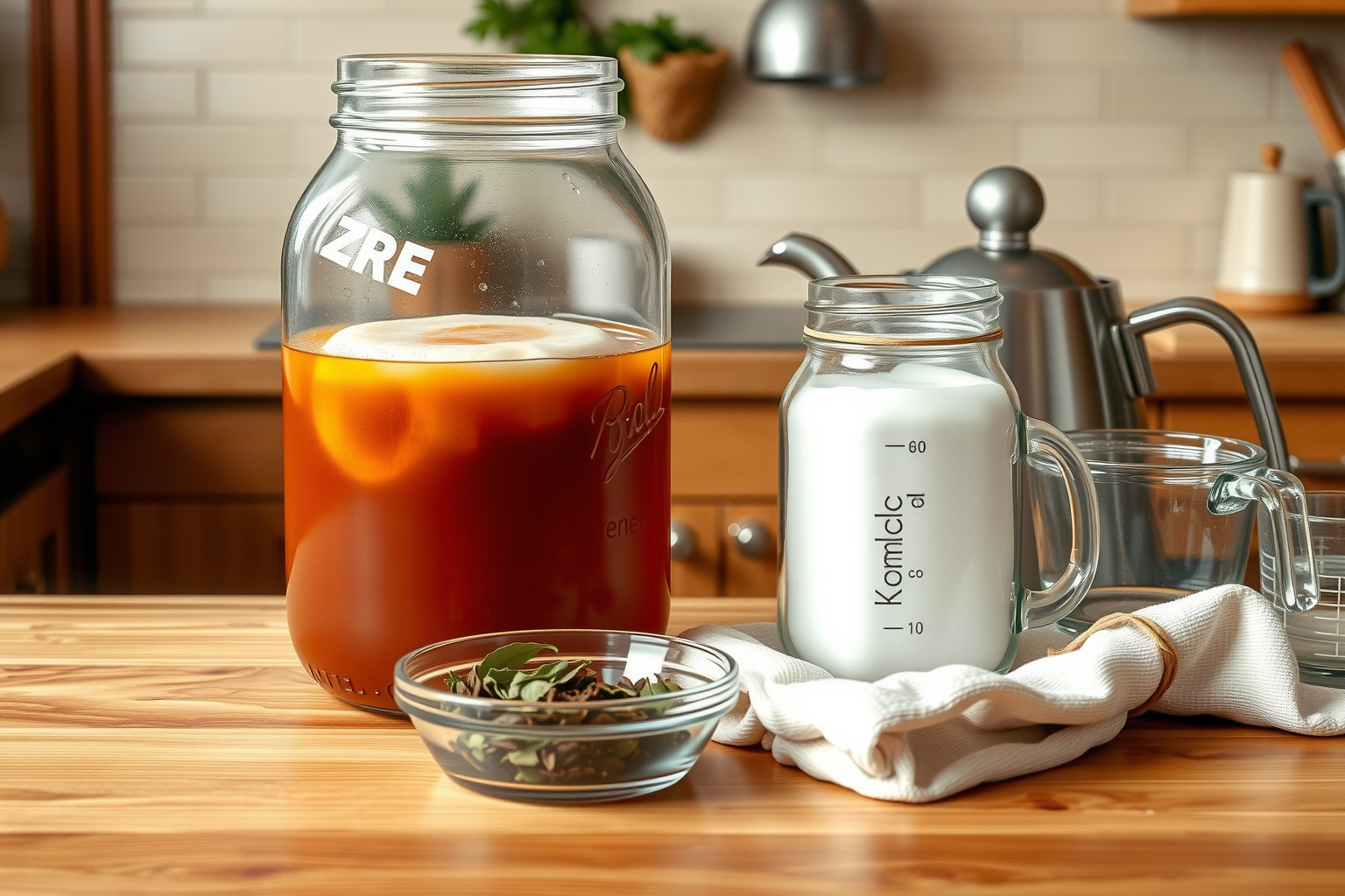 A kombucha készítéséhez szükséges SCOBY, édes tea és üveg.