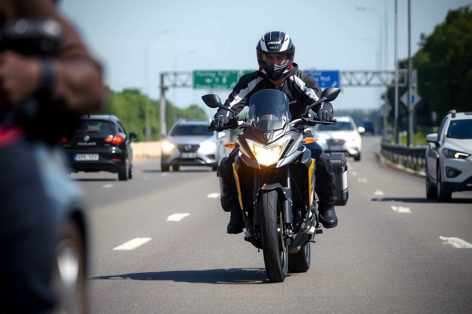 A motorosok biztonságát sisak és reflektív ruházat növeli.