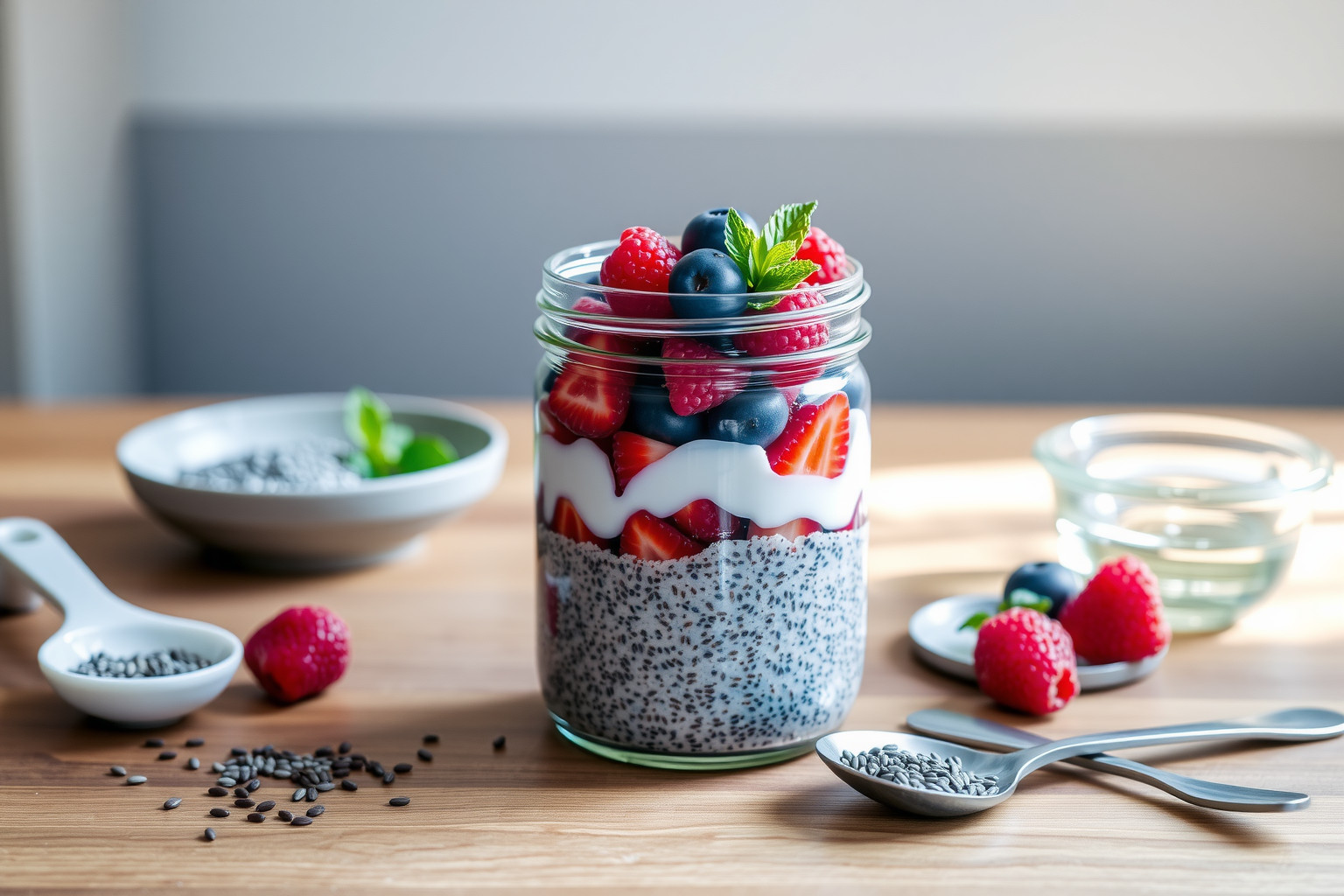Előre készített chia puding gyors reggelihez időhatékony megoldás.