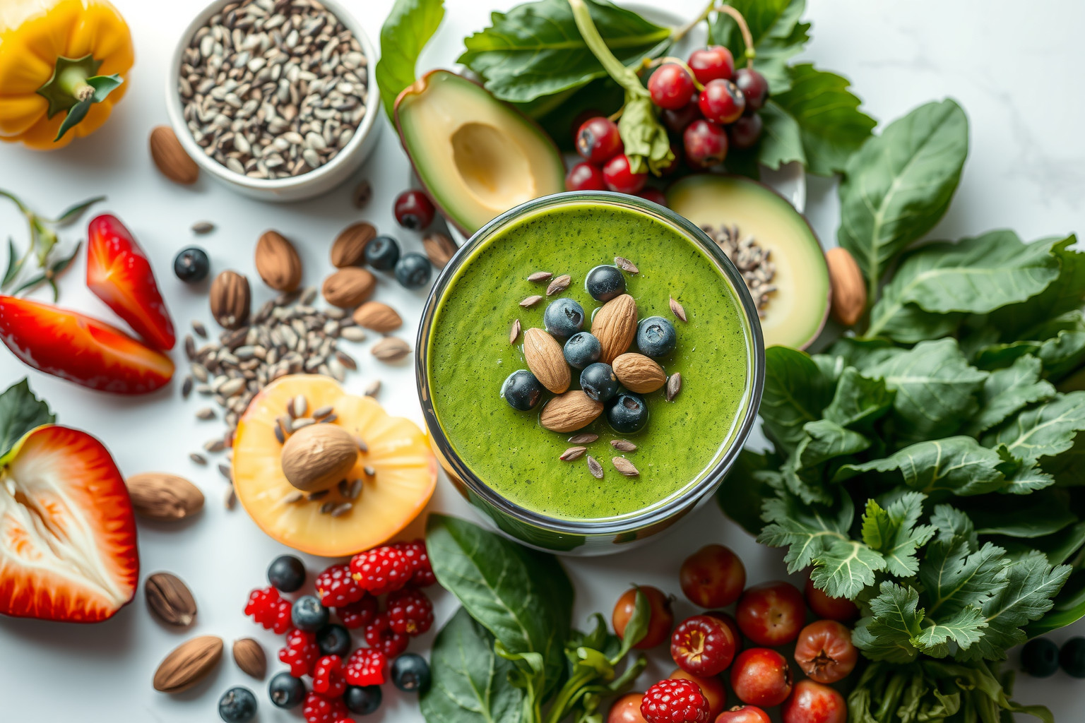 A spirulina smoothie-k pakolhatók avokádóval, áfonyával és chia maggal.