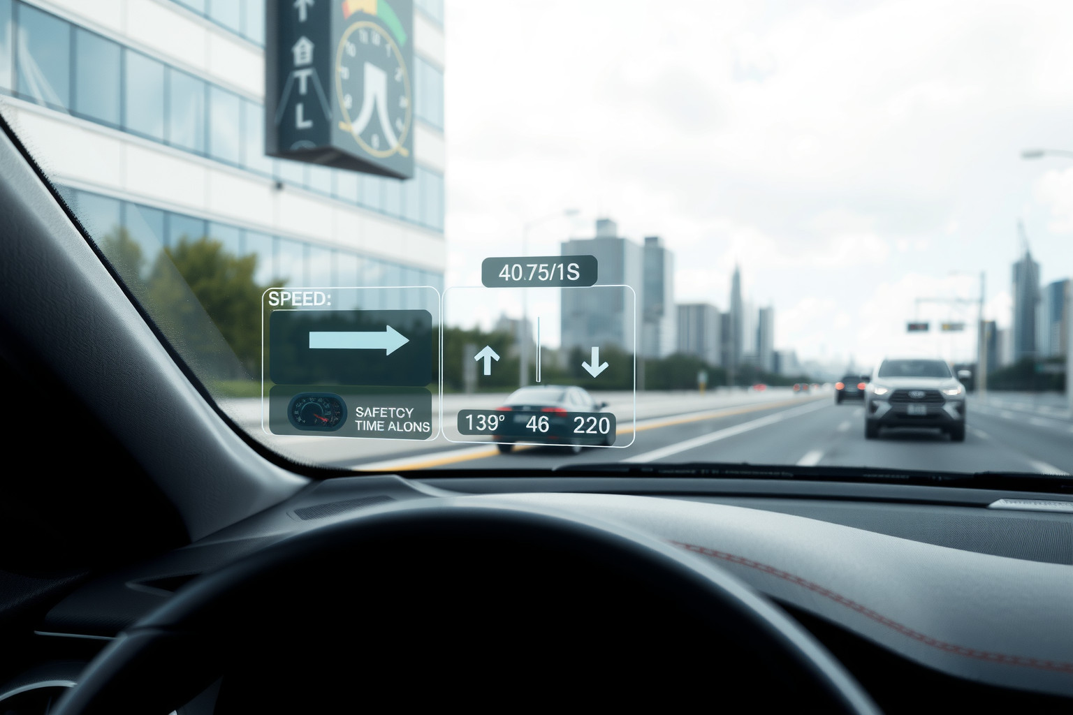 A HUD kijelző sebesség, navigáció és vezetéstámogató jelzéseket mutat.