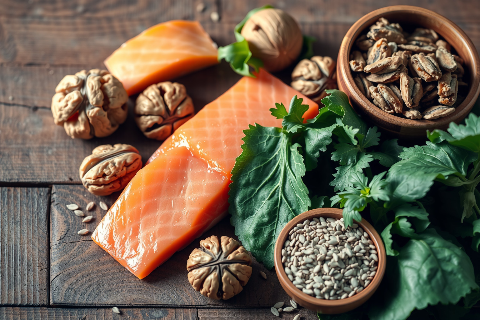 Az omega-3 forrásai: hal, lenmag, és chia mag.