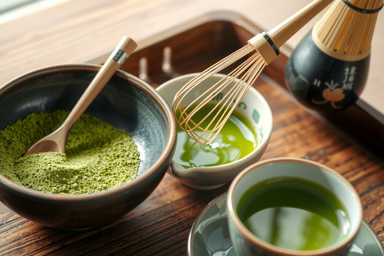 A matcha por vízzel és bambusz habverővel készül a tökéletes teához.