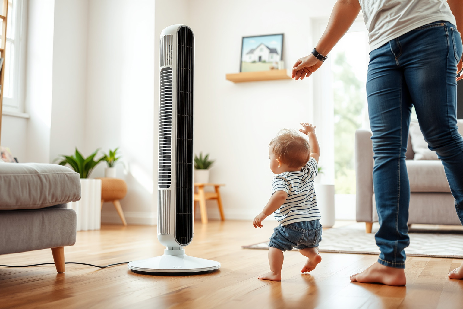 A toronyventilátorok stabil alapja megakadályozza a borulást gyermekek mellett.
