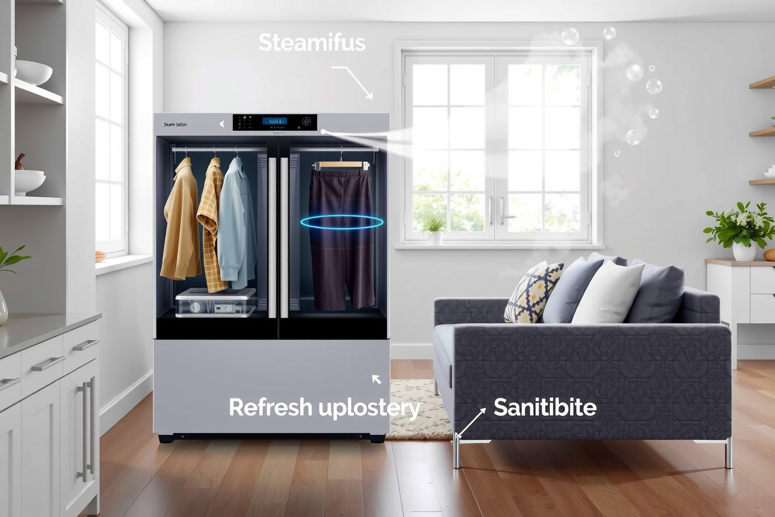 A gőzállomás textilfrissítésre és gyűrődésmentesítésre is alkalmas.