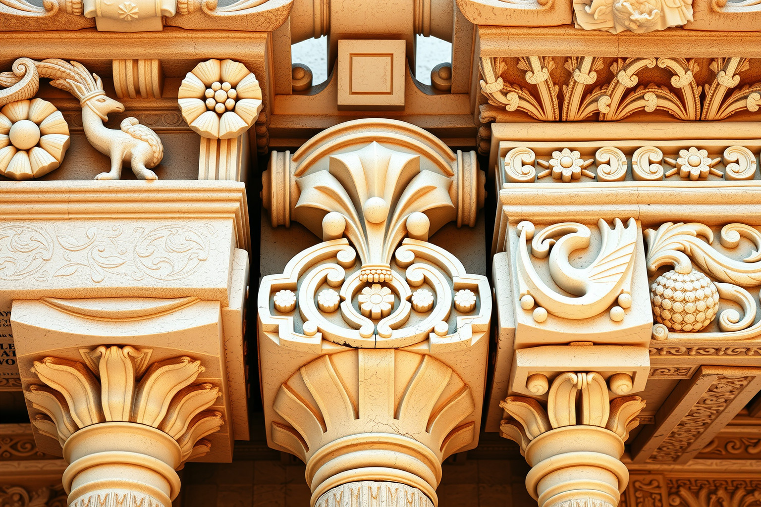 Az ókori párkánydíszek istenek történeteit jelenítik meg.