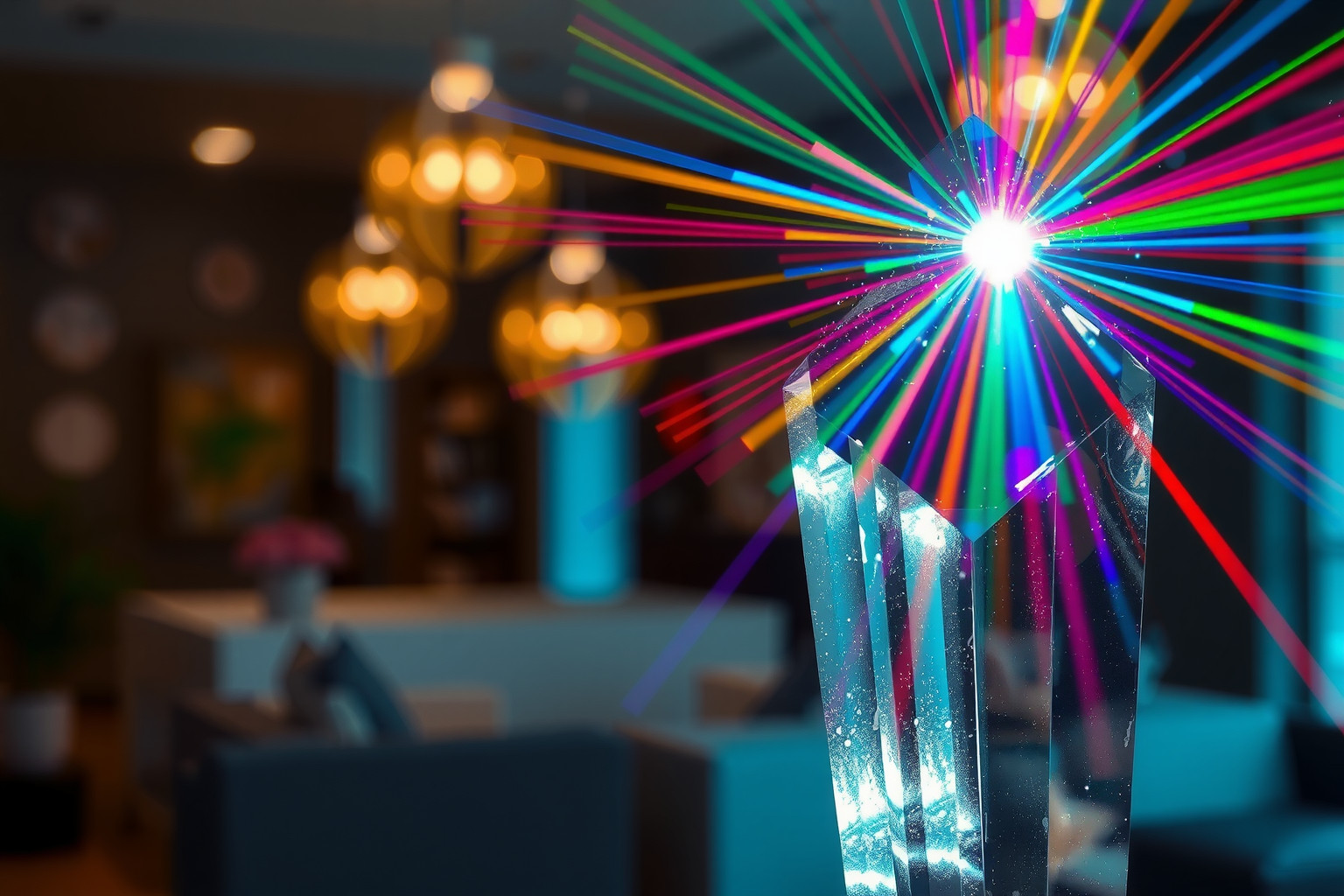 A prizmák színes fényeffektek varázslatos dekorációkat alkotnak.