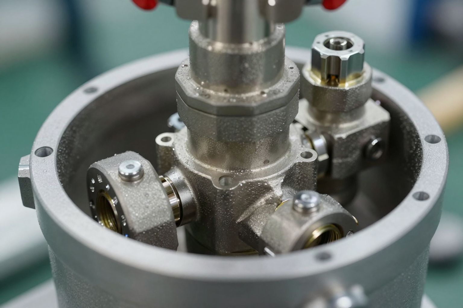 A háromjáratú szelep belső golyója irányítja a folyadékáramot.