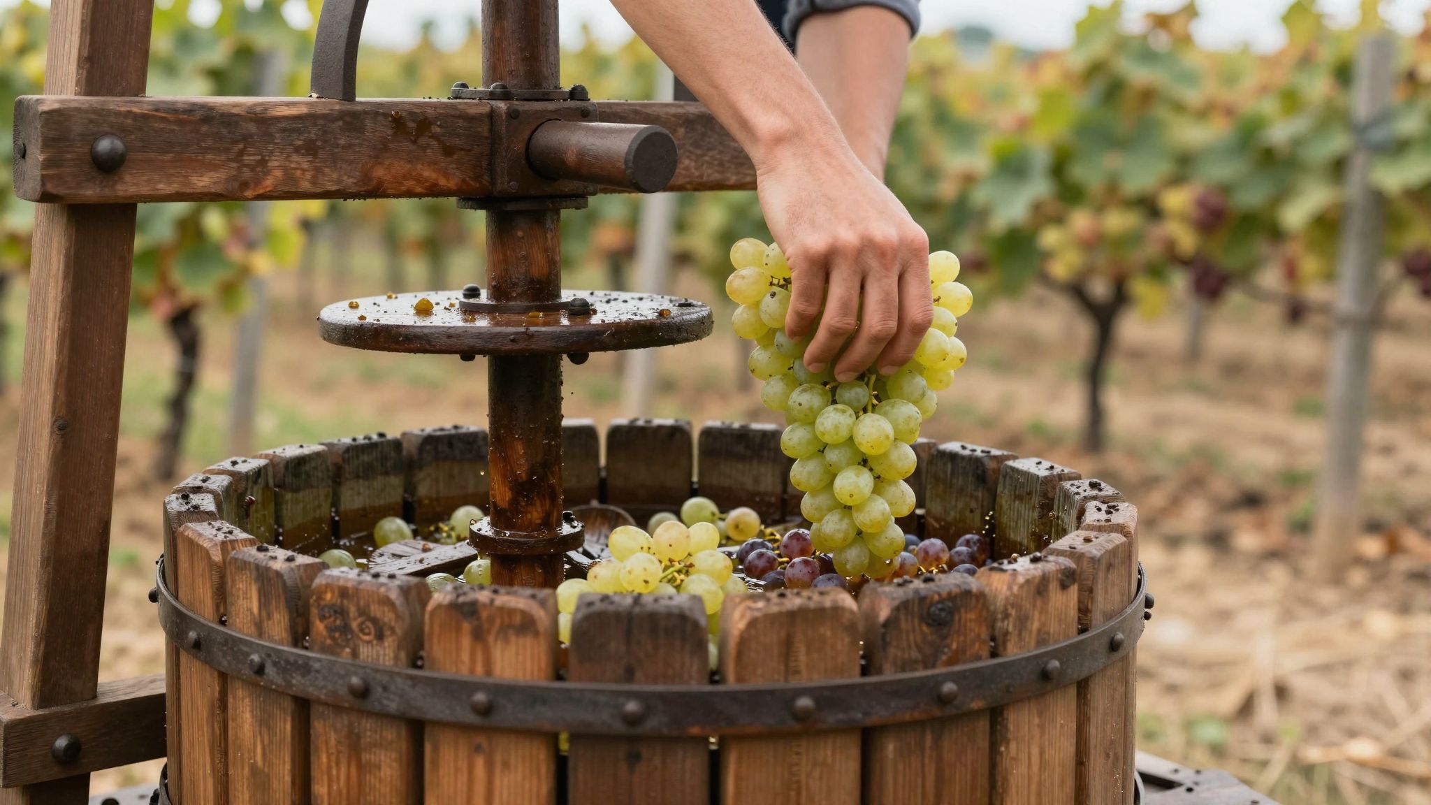 A hagyományos szőlőpréselés kézzel vagy lábbal történik lassan.