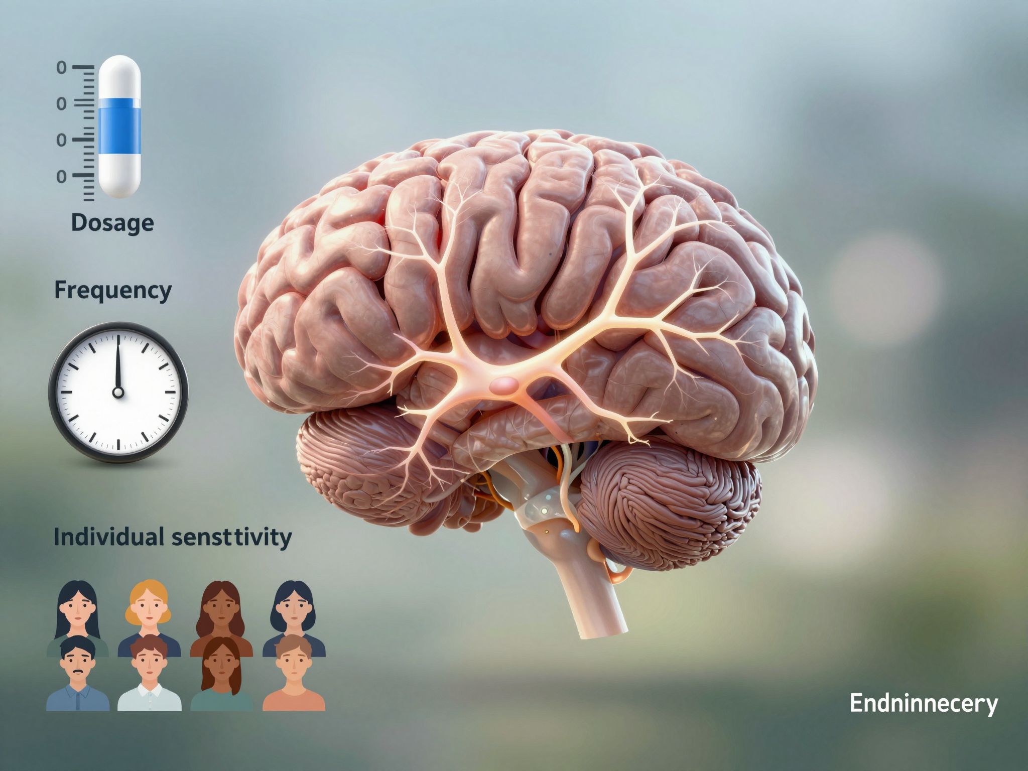 Az agykárosodás súlyossága dózis és egyéni érzékenység függvénye.