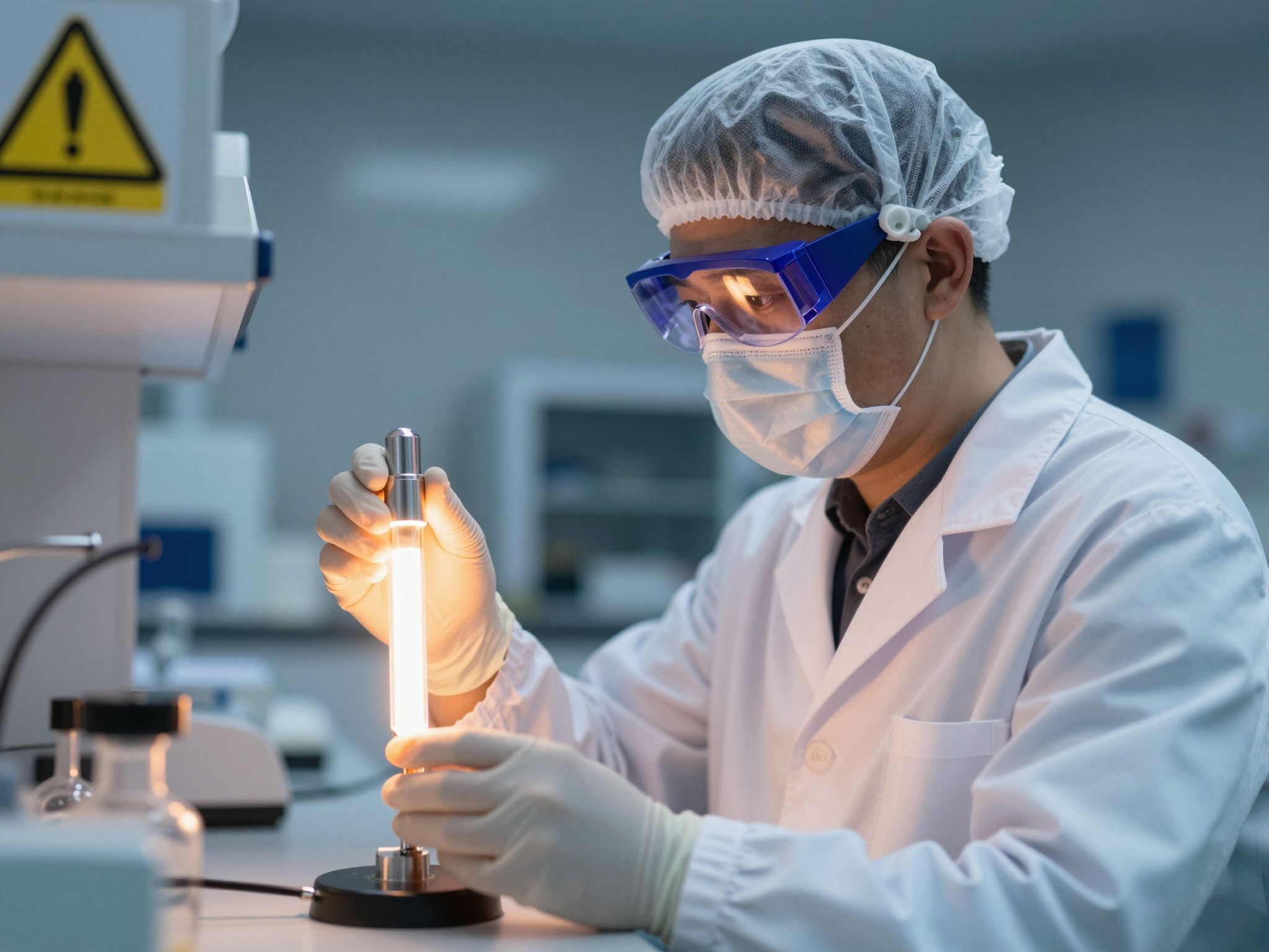 Az UV-C sugárzás bőr- és szemkárosodást okozhat, védelem szükséges.