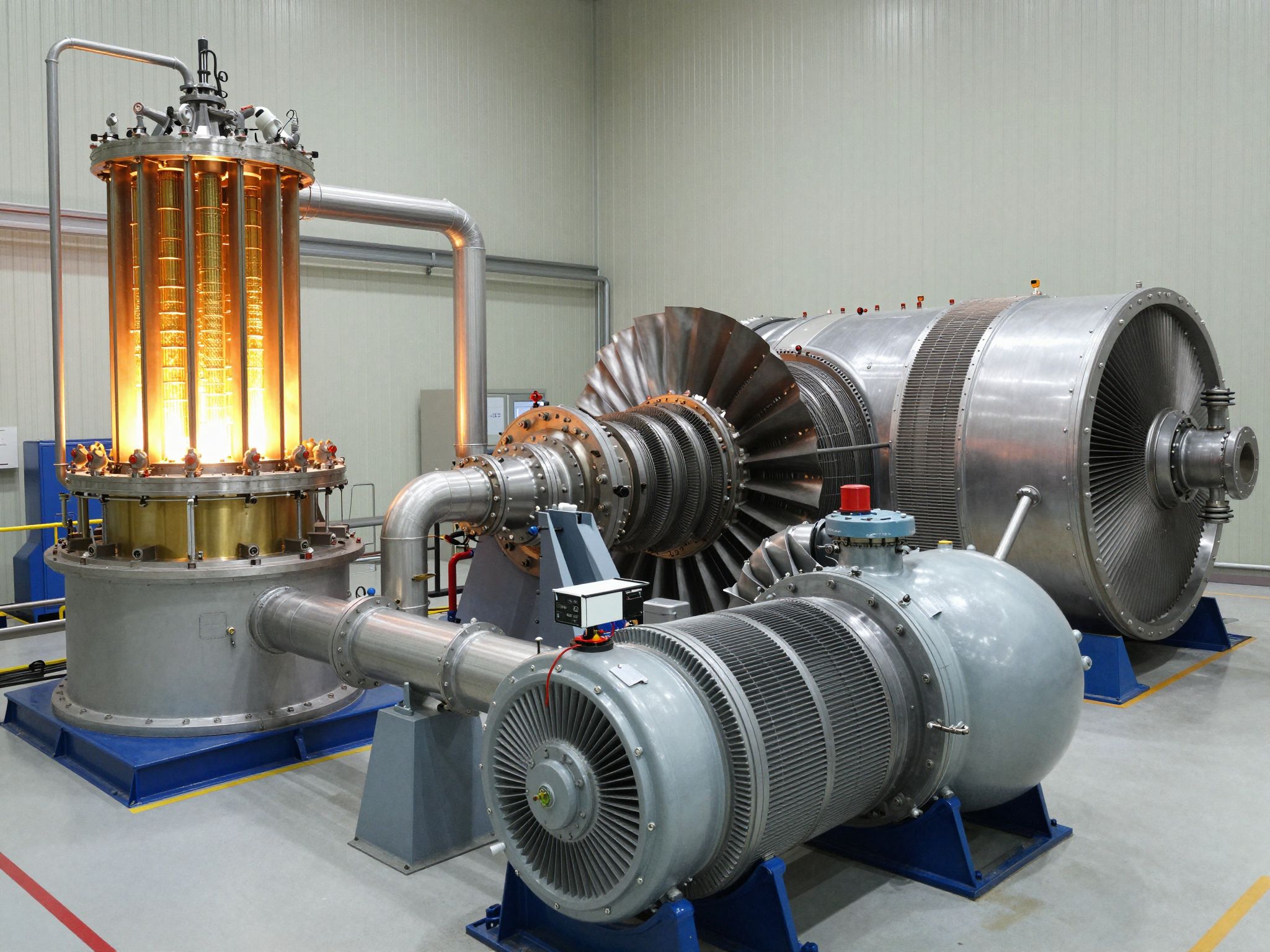 A reaktorban keletkező hő gőzt termel a turbinákhoz.