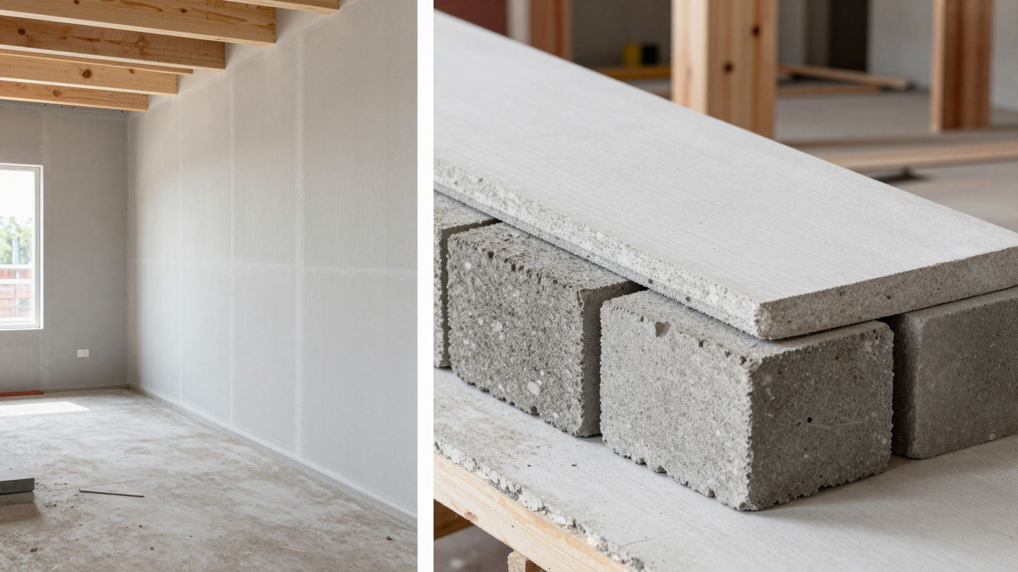 A gipszkarton gyorsabb, de kevésbé masszív, mint a salakblokk.