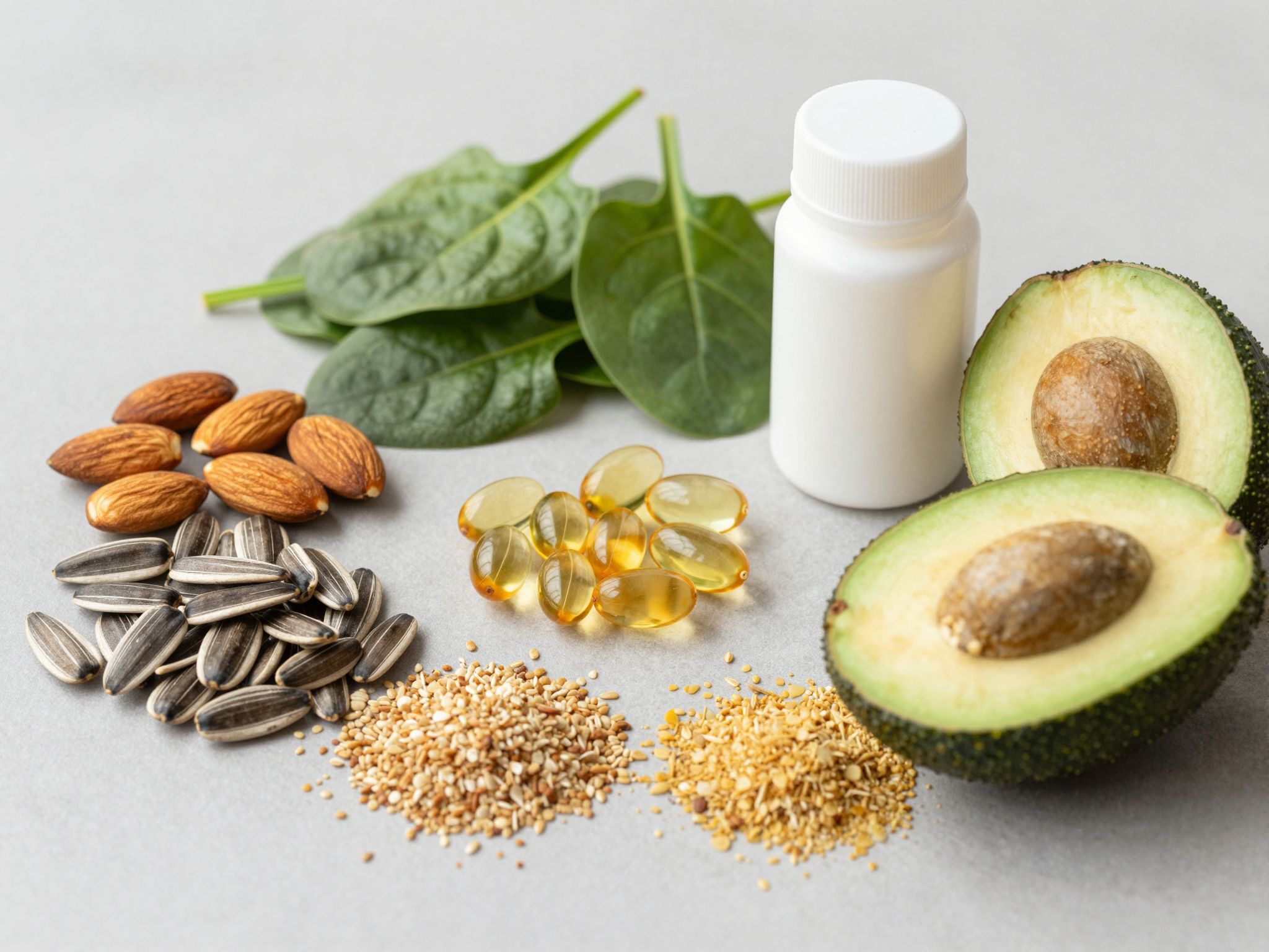 Az E-vitamin gazdag forrásai a mandula és napraforgómag.