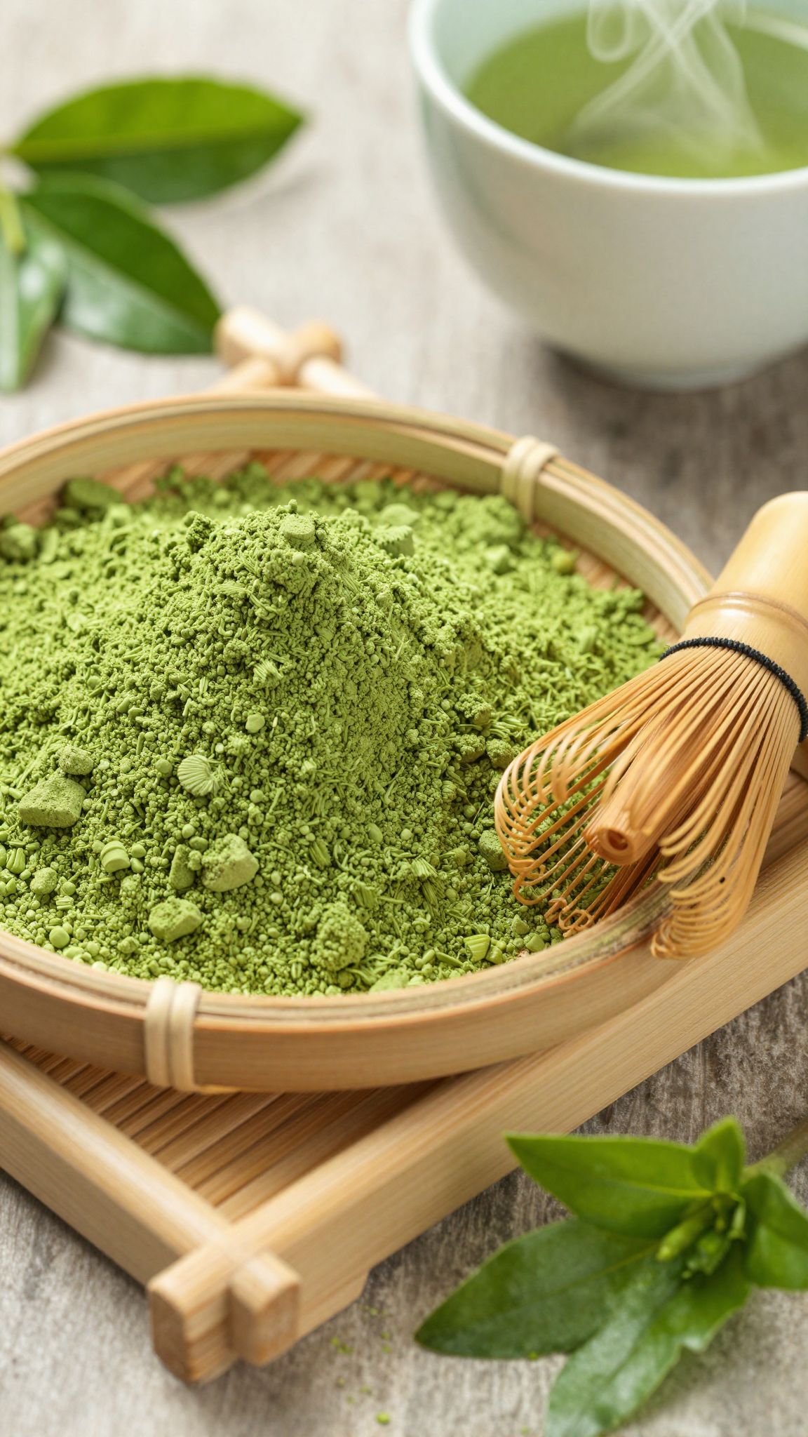 A minőségi matcha por gazdag antioxidánsokban és élénkítő hatású.